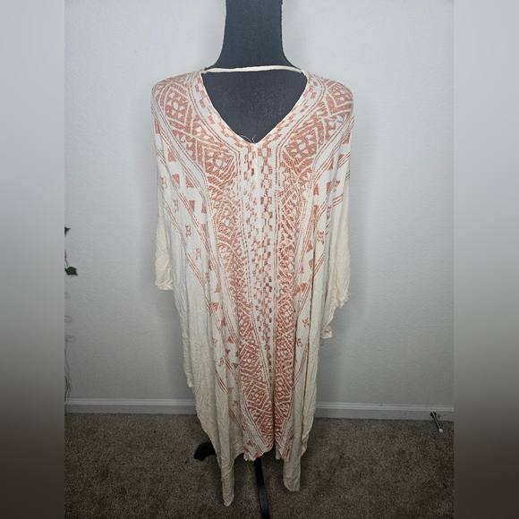 Free People Western Southwestern Aztec Print Flowy Bohemian Cream & Rust Kimono - Picture 6 of 9